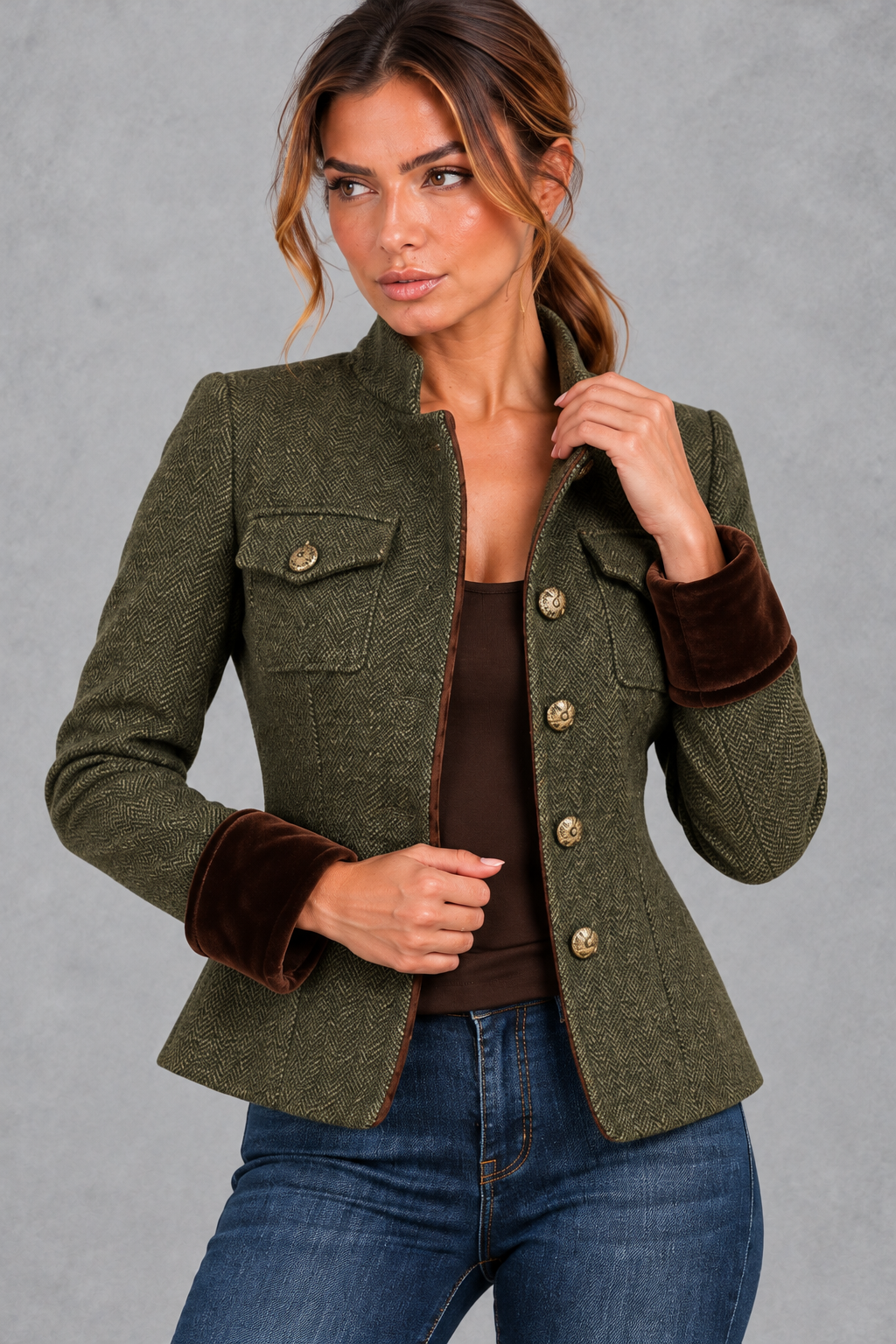 Women's Tailored Herringbone Blazer – Olive