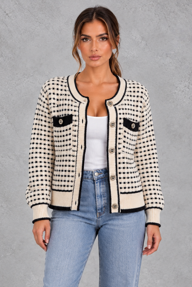 Women's textured knit cardigan in beige, front view