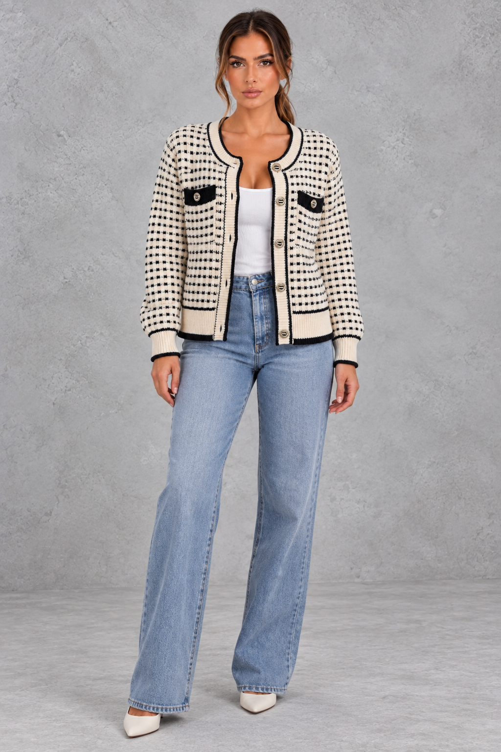 Back view of structured textured knit cardigan