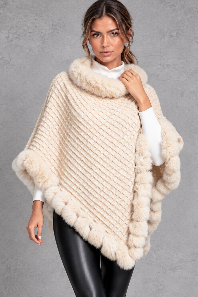 Women's Textured Knitted Poncho – Cream