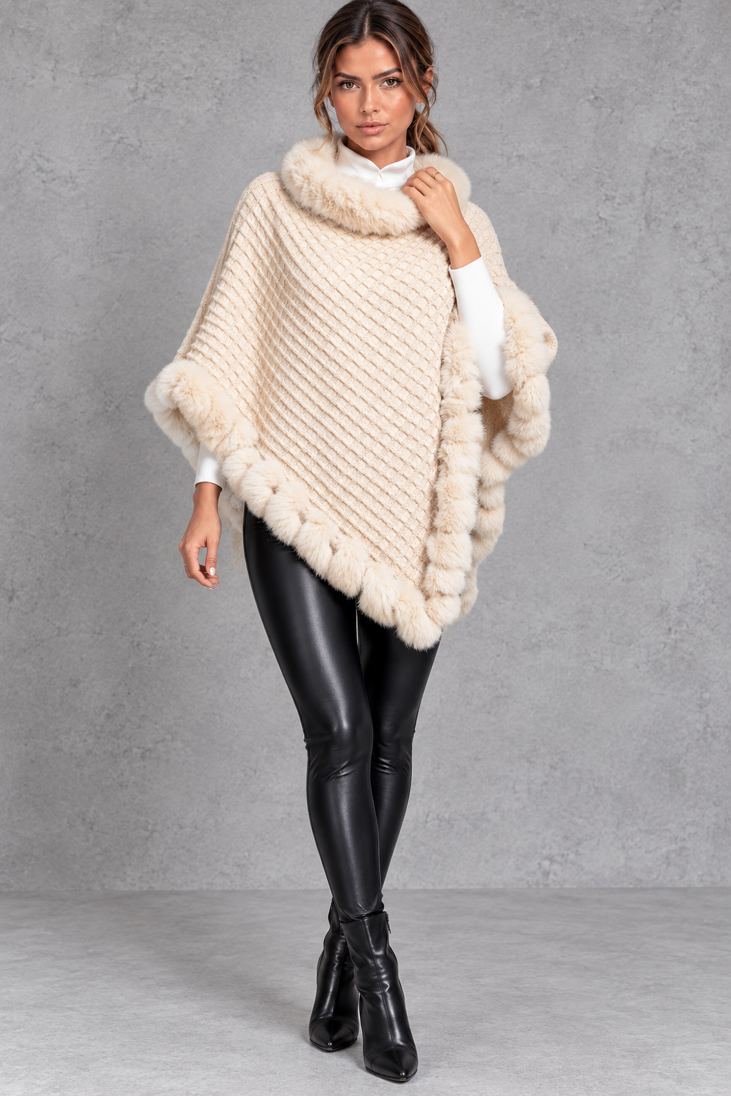 Women's Textured Knitted Poncho – Cream