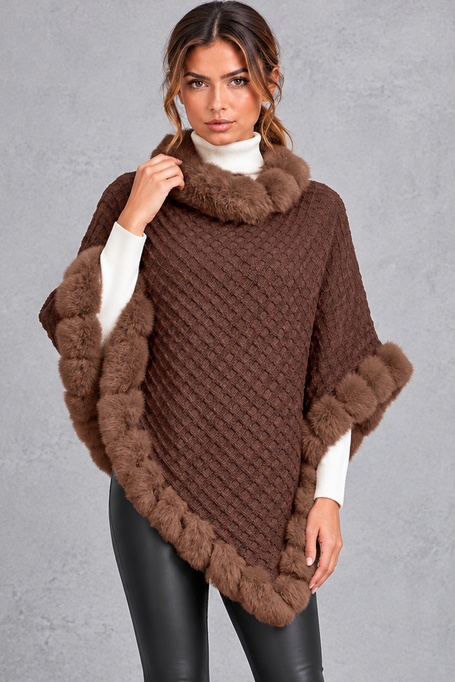 Women's Textured Knitted Poncho – Dark Brown