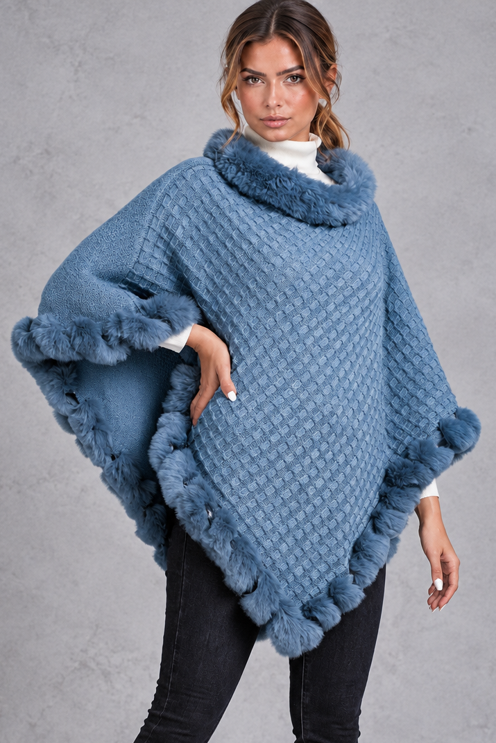 Women's Textured Knitted Poncho – Blue