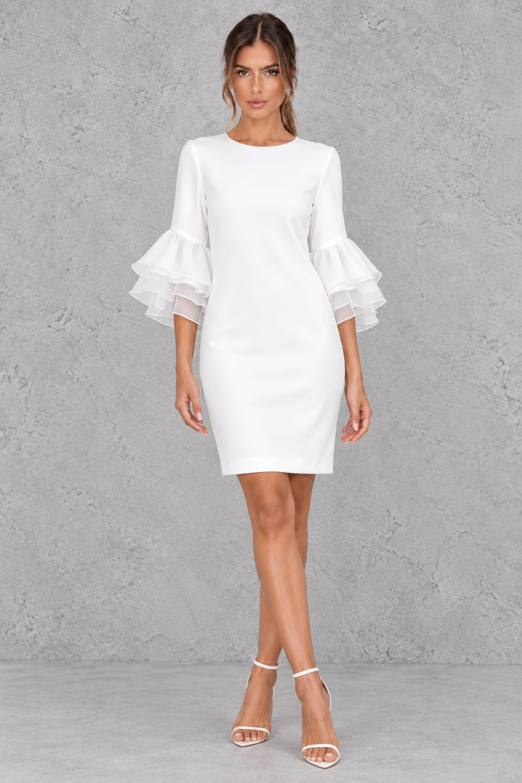 Woman wearing a tiered ruffle midi dress with 3/4 sleeves, ideal for brunch and date night.