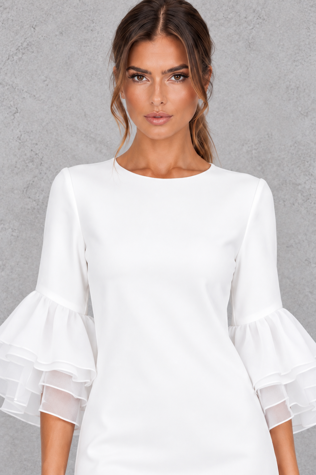 Side view of a tiered midi dress showing soft movement, great for dinner out.