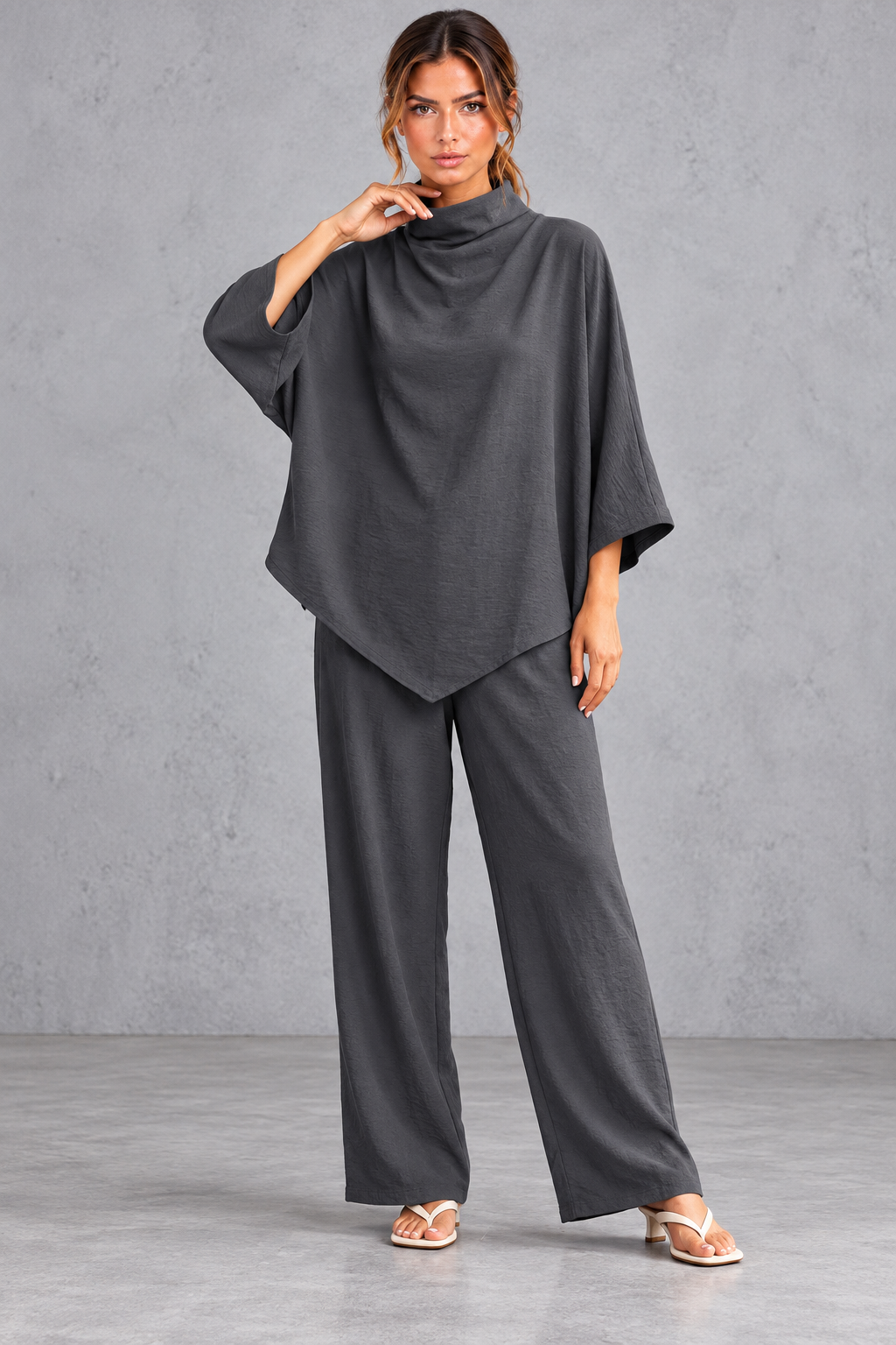 Turtleneck blouse and pants set shown in an alternate color