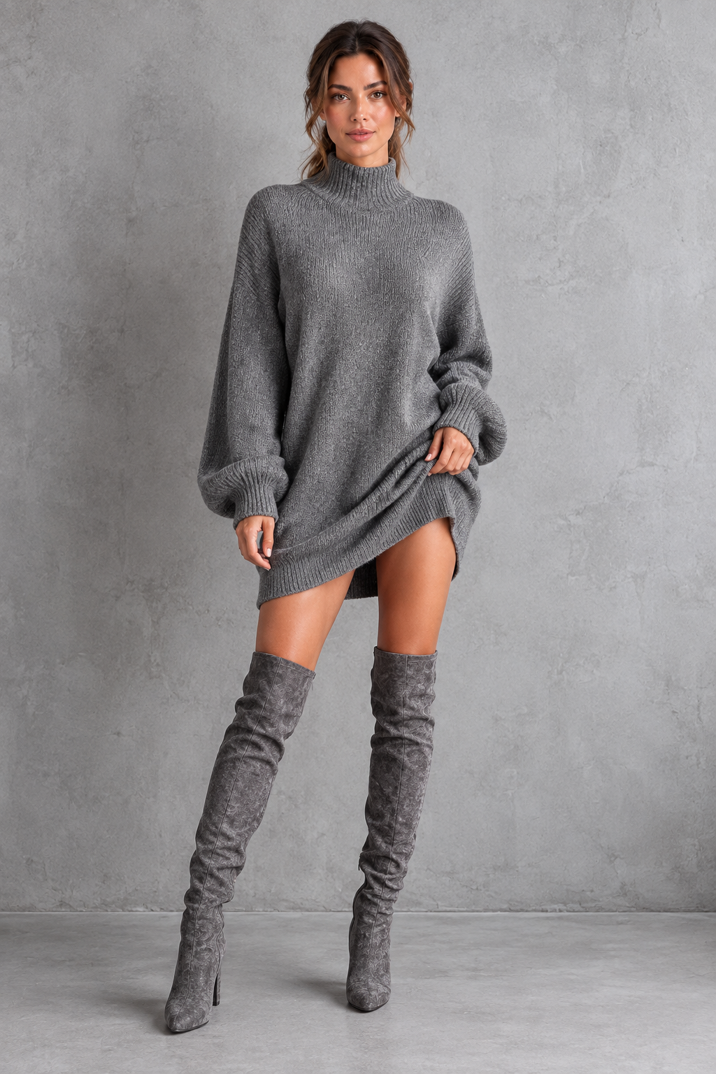 Ribbed hem detail on a women's oversized turtleneck mini dress