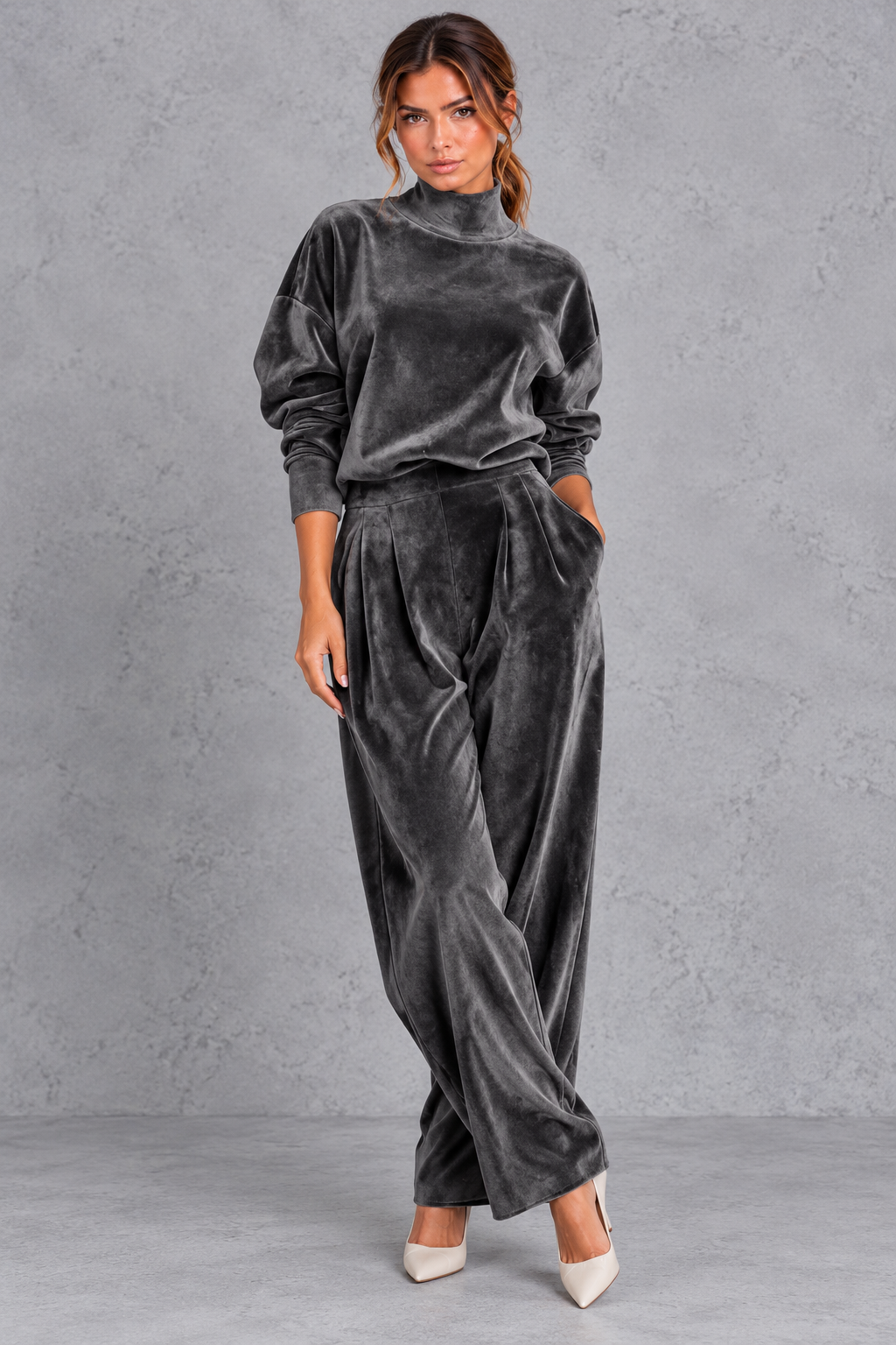 Women's velvet high neck top and pleated wide leg pants set, front view