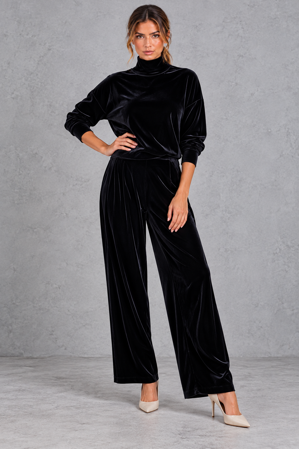 Velvet two-piece set styled with sneakers for a weekend look