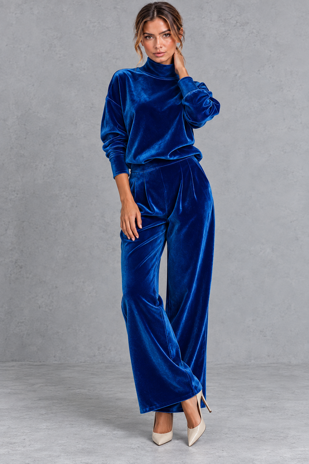 High-waisted wide leg velvet pants, side view