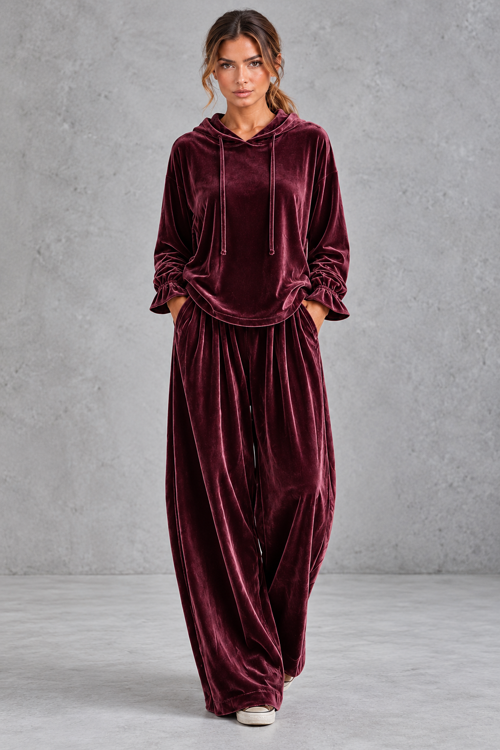 Women's velvet tracksuit set with drawstring hoodie and wide leg pants, front view