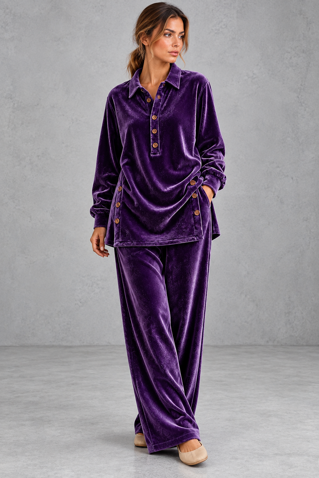 Velvet two-piece set shown in an alternate color