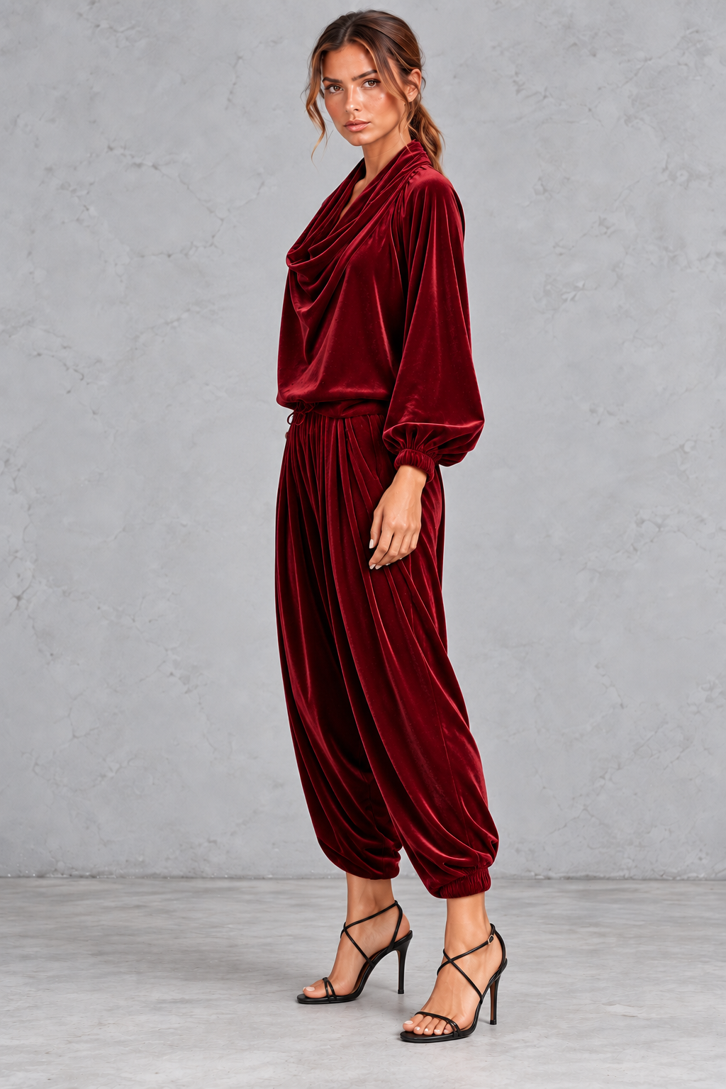 Velvet matching set showing long balloon sleeves with elastic cuffs