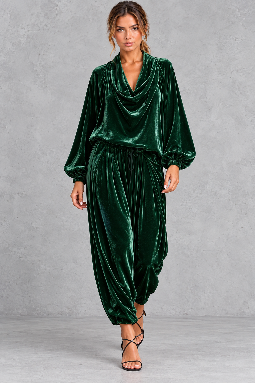 Velvet cowl neck set shown in available colors wine, black, navy and dark green