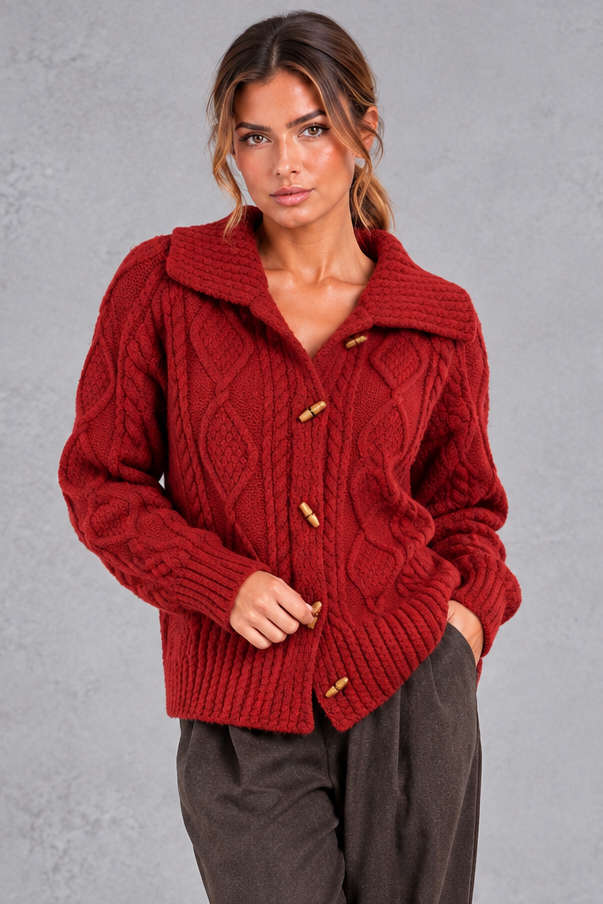 Women's chunky cable knit cardigan with wide collar, front view