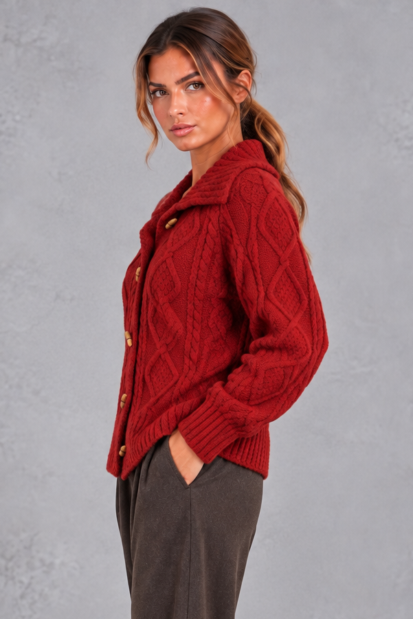 Vintage cable knit toggle cardigan in red, styled look