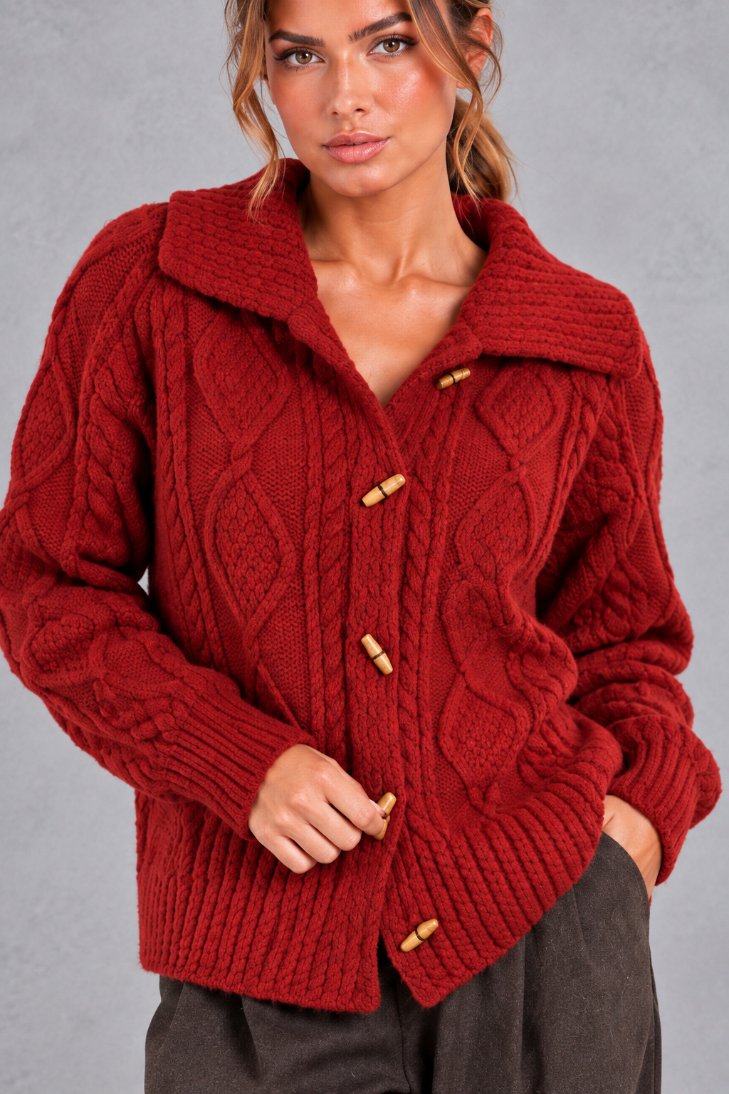 Cable knit wide collar cardigan in gray