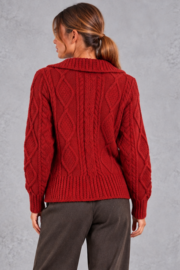 Cable knit wide collar cardigan in black