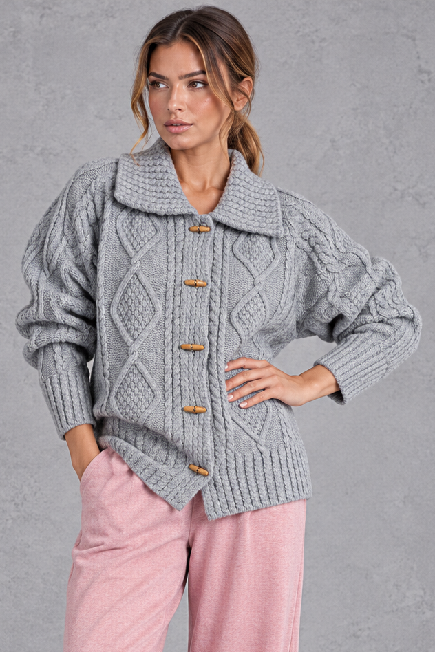 Close-up of wooden toggle buttons and cable knit