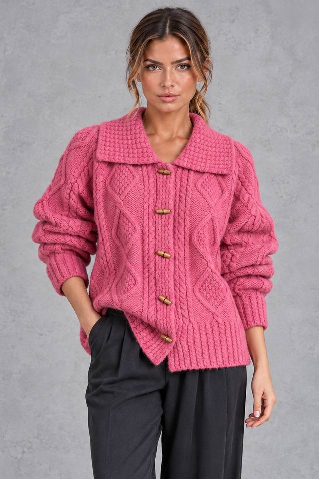 Back view of relaxed chunky knit cardigan