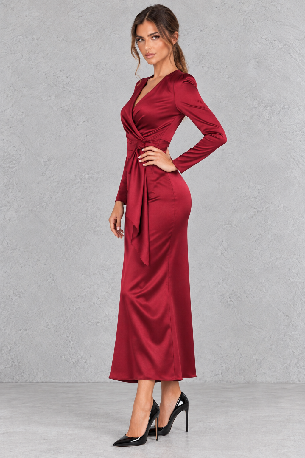 Front view of a lace long sleeve dress with a fitted waist for Thanksgiving dinner.