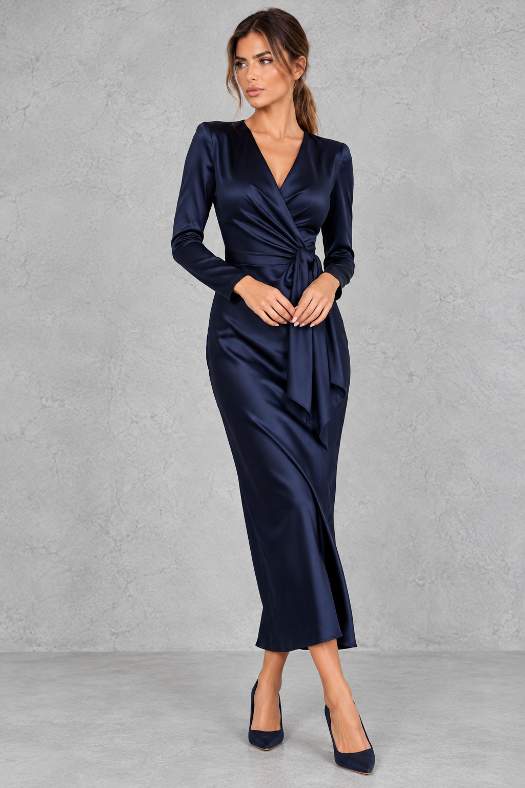 Woman in a classic lace long sleeve dress, a timeless pick for family holiday gatherings.