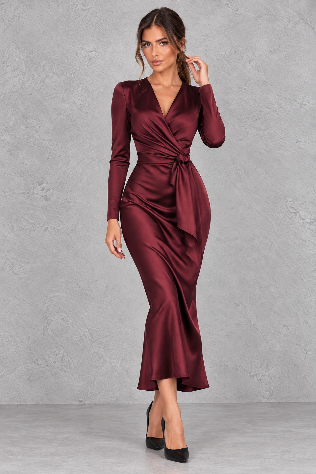 Vintage lace long sleeve dress shown in red, black, navy blue and burgundy.