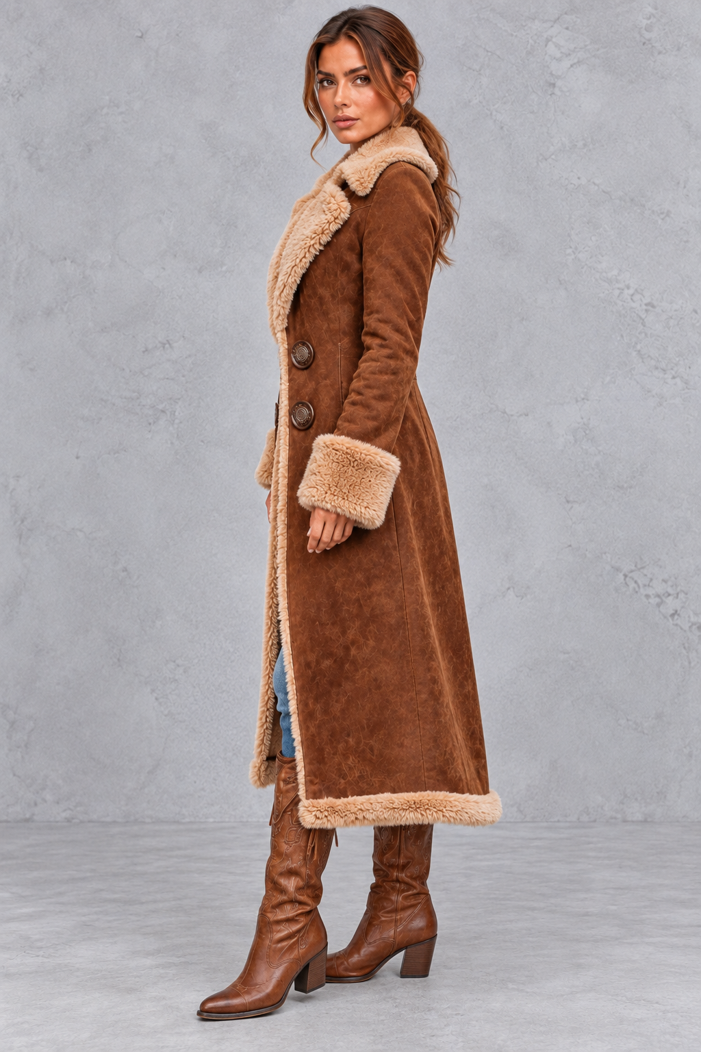 Back view of the longline denim trench coat