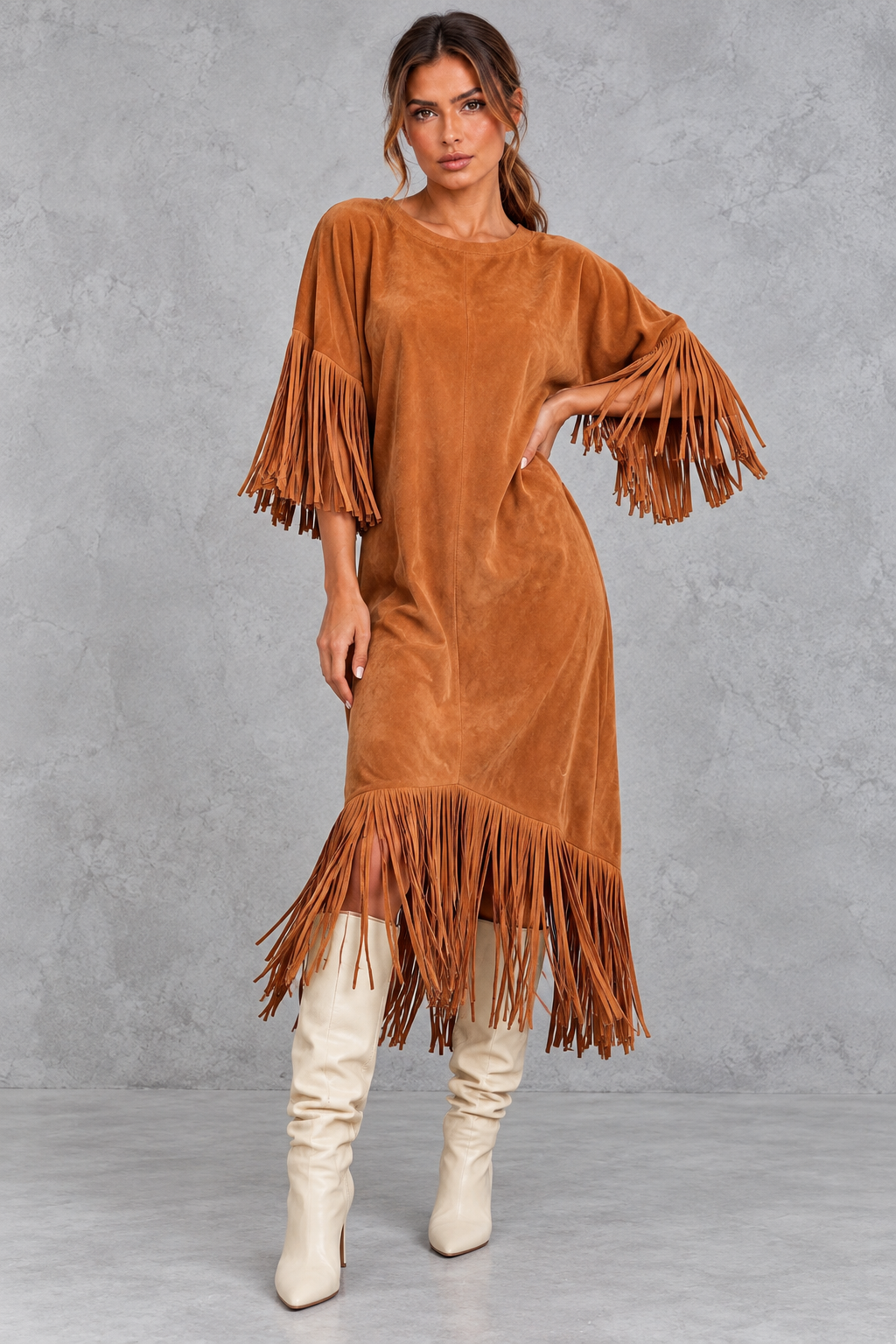 Women's faux suede fringe midi dress color options shown together