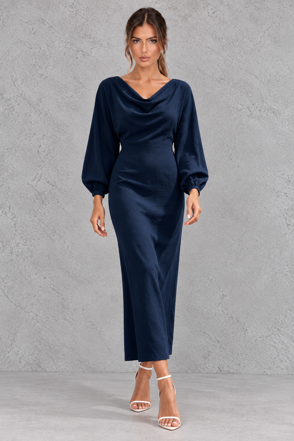 Women's Cowl Neck Long Sleeve Midi Party Dress - Office & Wedding Guest