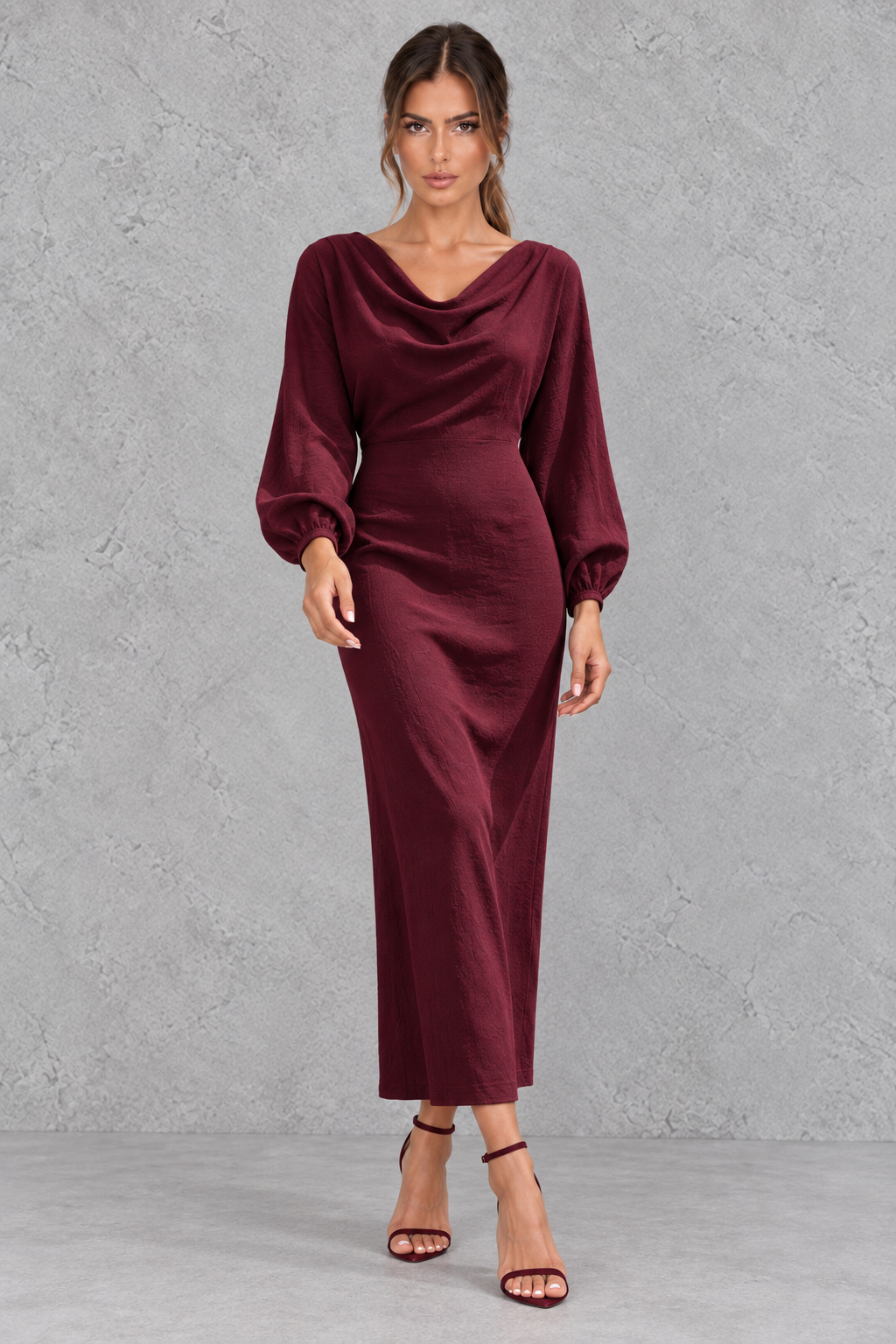 Women's Cowl Neck Long Sleeve Midi Party Dress - Office & Wedding Guest