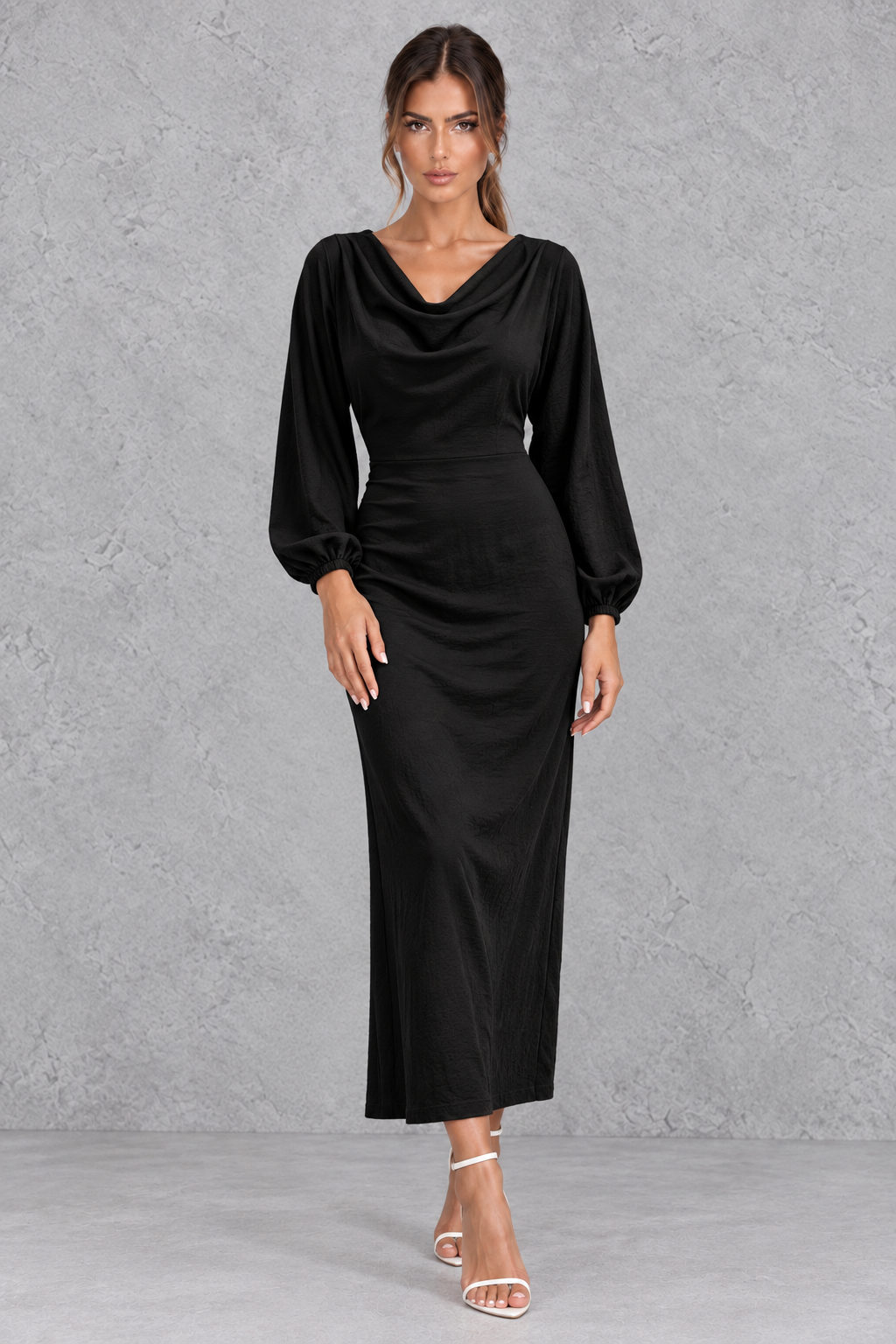 Women's Cowl Neck Long Sleeve Midi Party Dress - Office & Wedding Guest