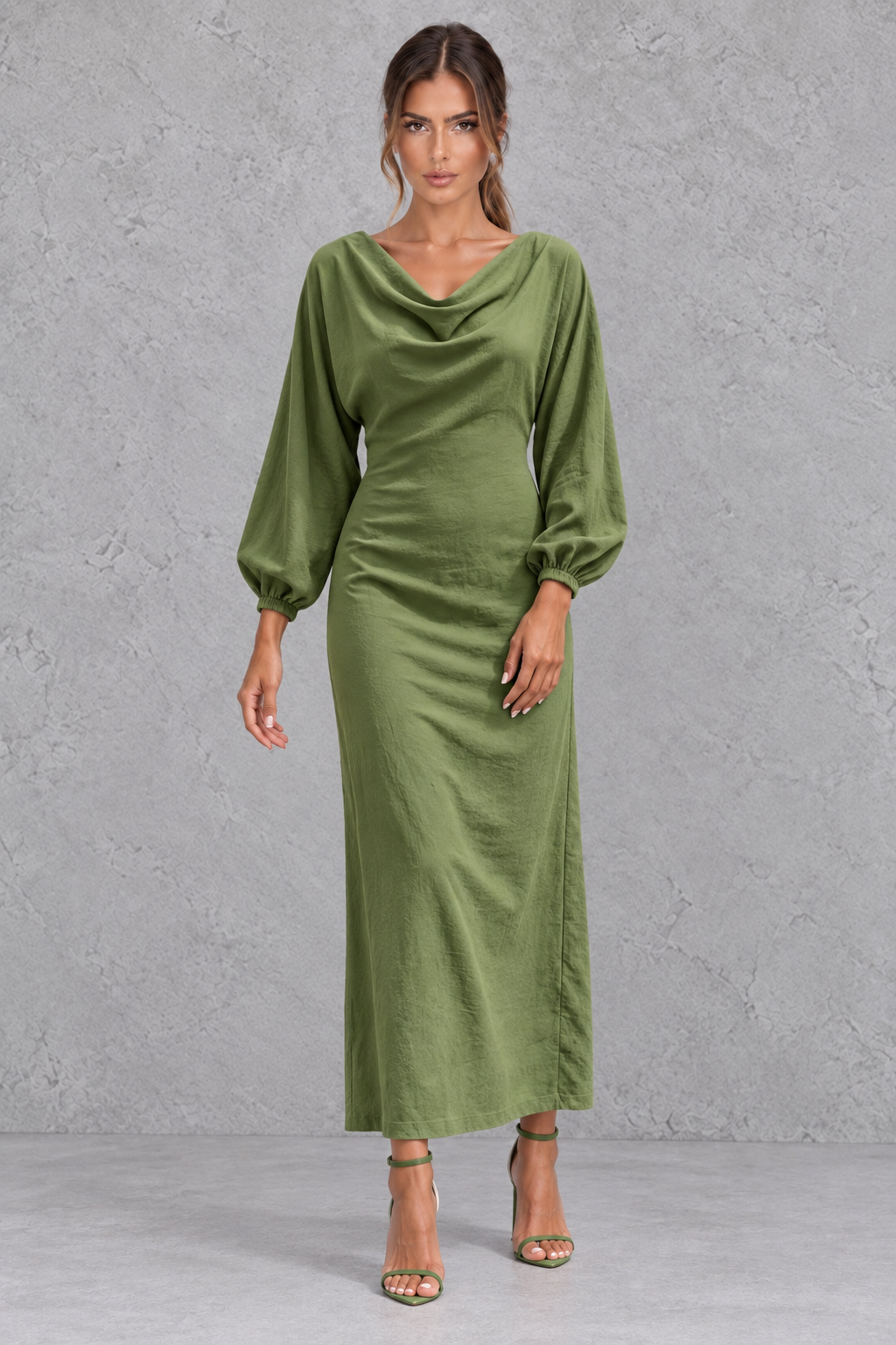 Women's Cowl Neck Long Sleeve Midi Party Dress - Office & Wedding Guest
