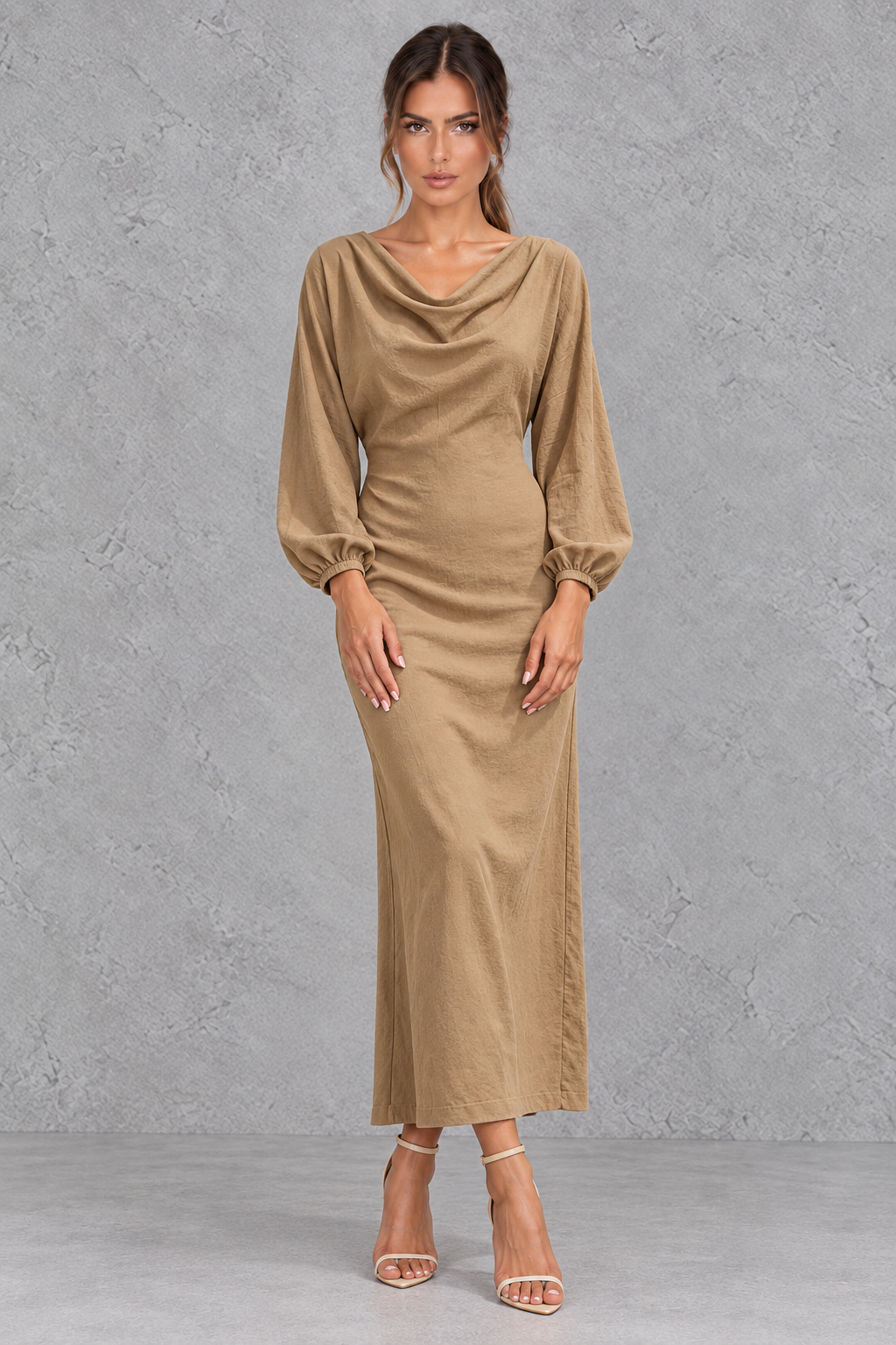 Women's Cowl Neck Long Sleeve Midi Party Dress - Office & Wedding Guest