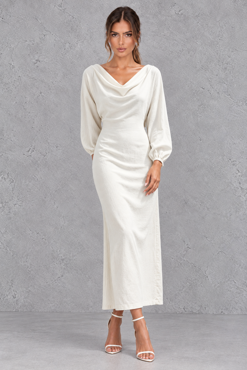 Women's Cowl Neck Long Sleeve Midi Party Dress - Office & Wedding Guest