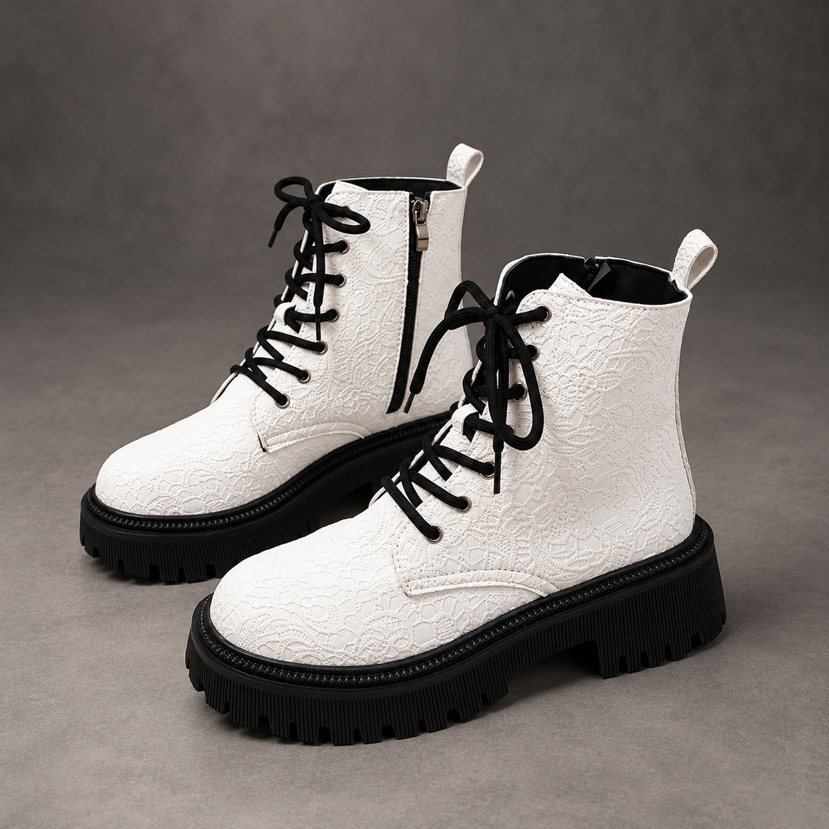 Women's White Embossed Combat Boots – White