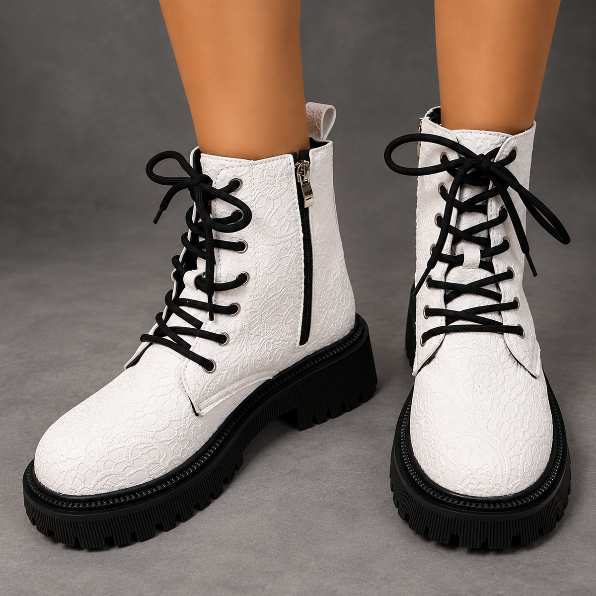 Women's White Embossed Combat Boots – White