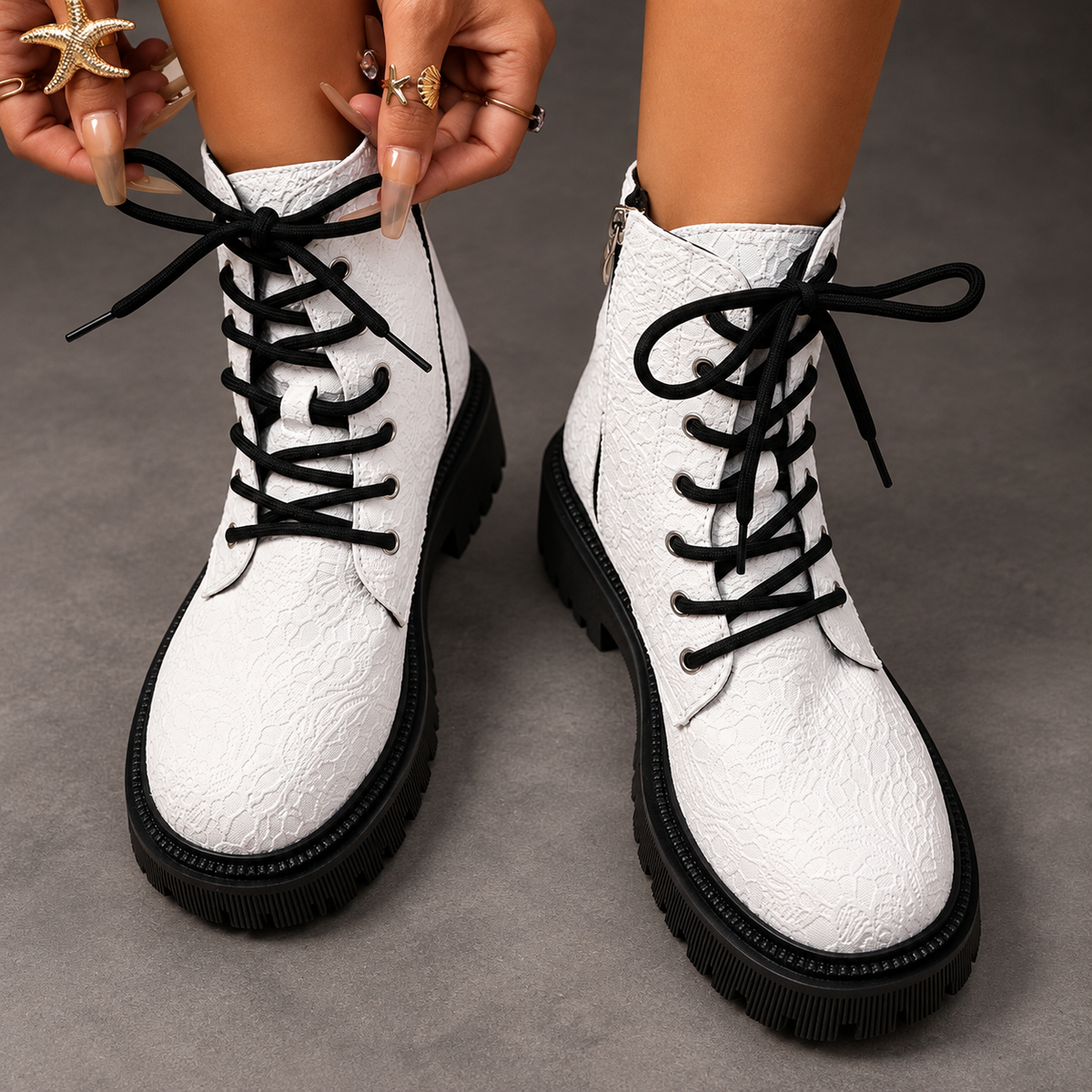 Women's White Embossed Combat Boots – White