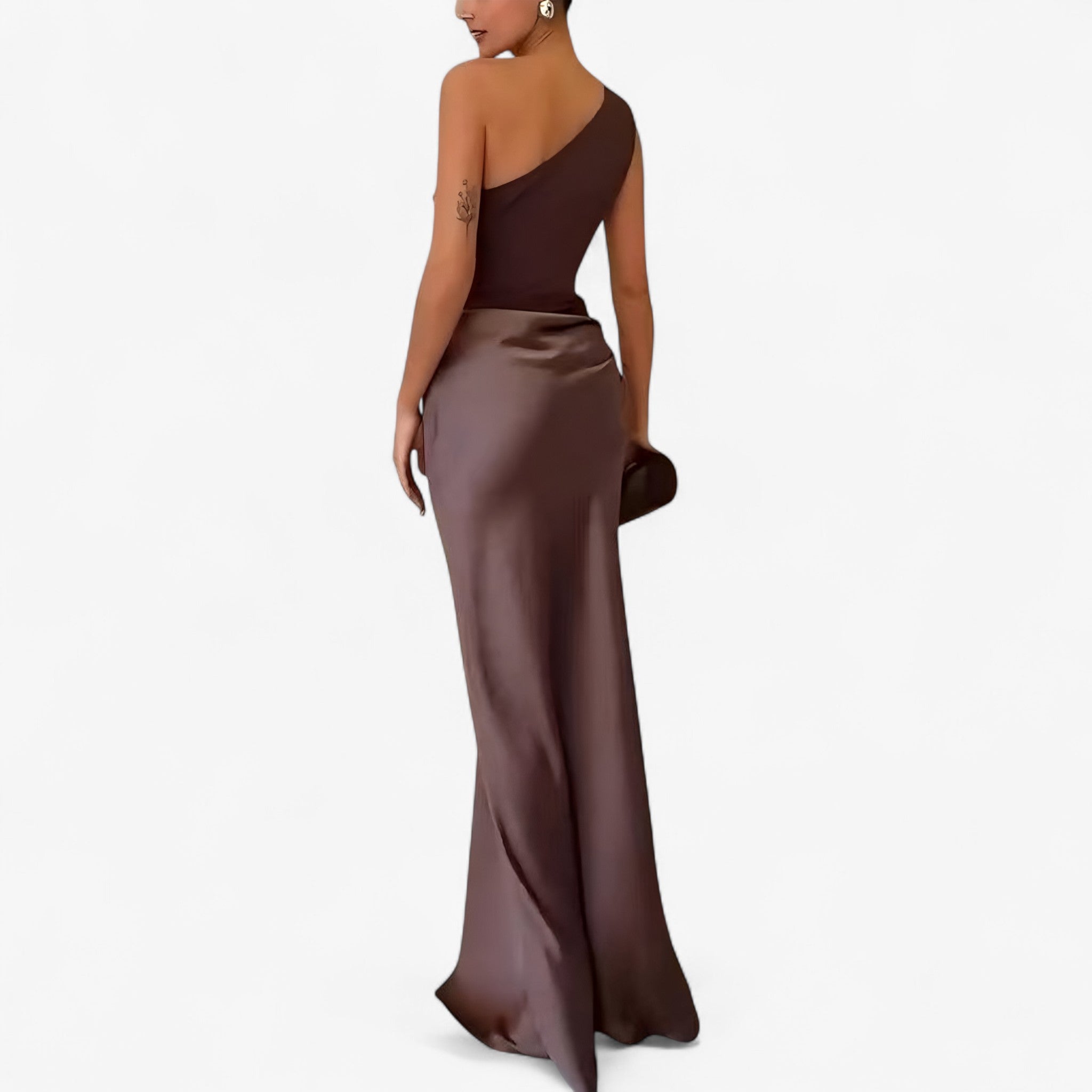 Women's asymmetric maxi dress featuring a flowing silhouette with delicate pleats, lightweight fabric, and an elegant drape. Designed for a flattering fit, this sophisticated dress is ideal for weddings, parties, formal events, and special occasions.