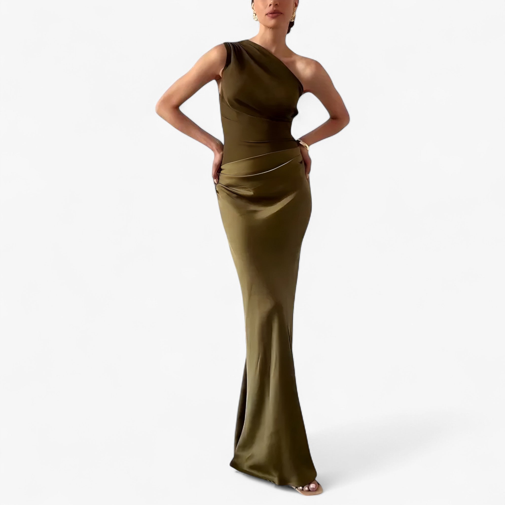 Women's asymmetric maxi dress featuring a flowing silhouette with delicate pleats, lightweight fabric, and an elegant drape. Designed for a flattering fit, this sophisticated dress is ideal for weddings, parties, formal events, and special occasions.