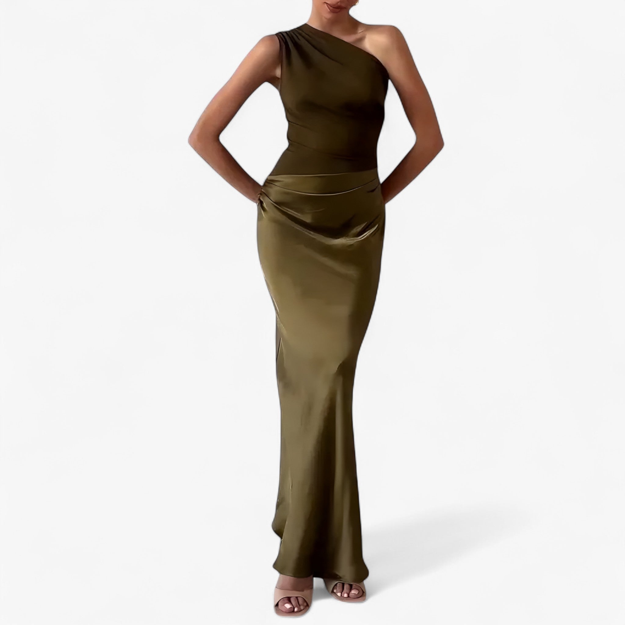 Women's asymmetric maxi dress featuring a flowing silhouette with delicate pleats, lightweight fabric, and an elegant drape. Designed for a flattering fit, this sophisticated dress is ideal for weddings, parties, formal events, and special occasions.