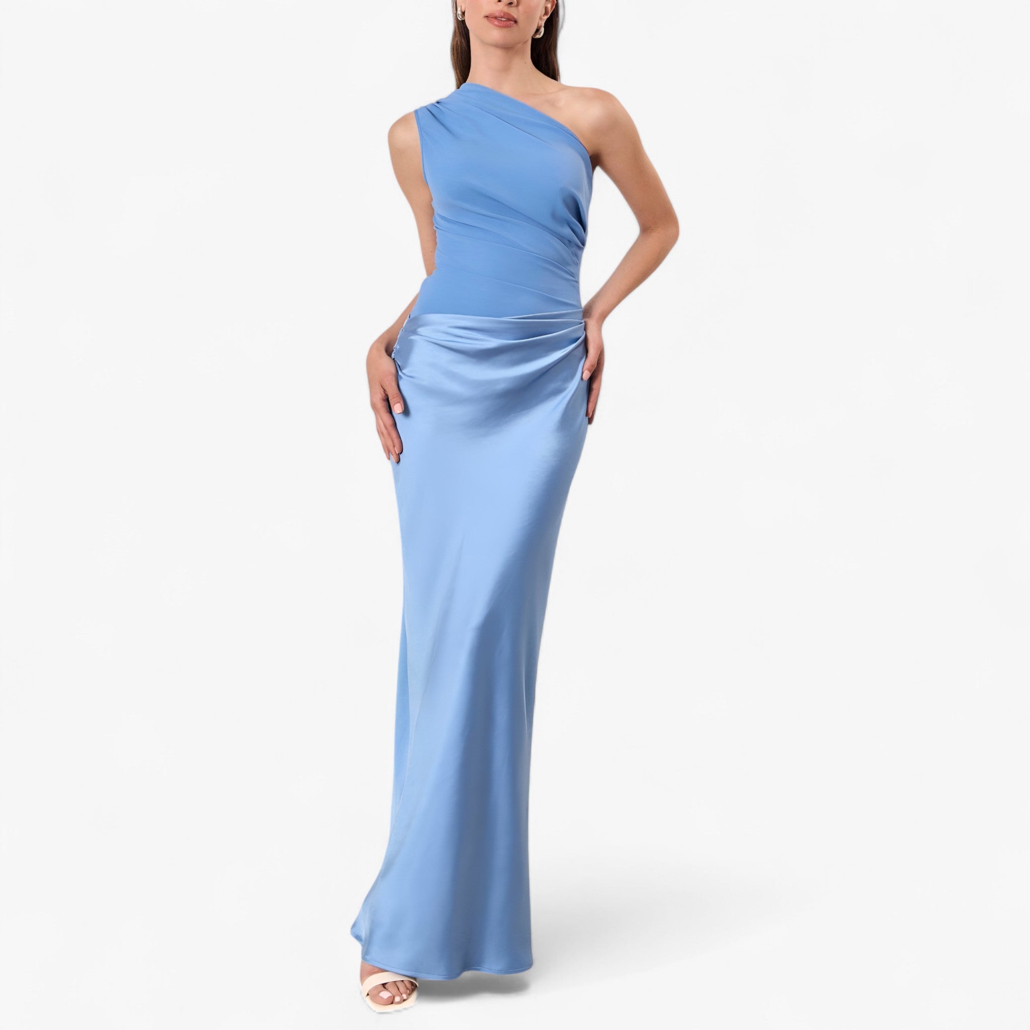 Women's asymmetric maxi dress featuring a flowing silhouette with delicate pleats, lightweight fabric, and an elegant drape. Designed for a flattering fit, this sophisticated dress is ideal for weddings, parties, formal events, and special occasions.