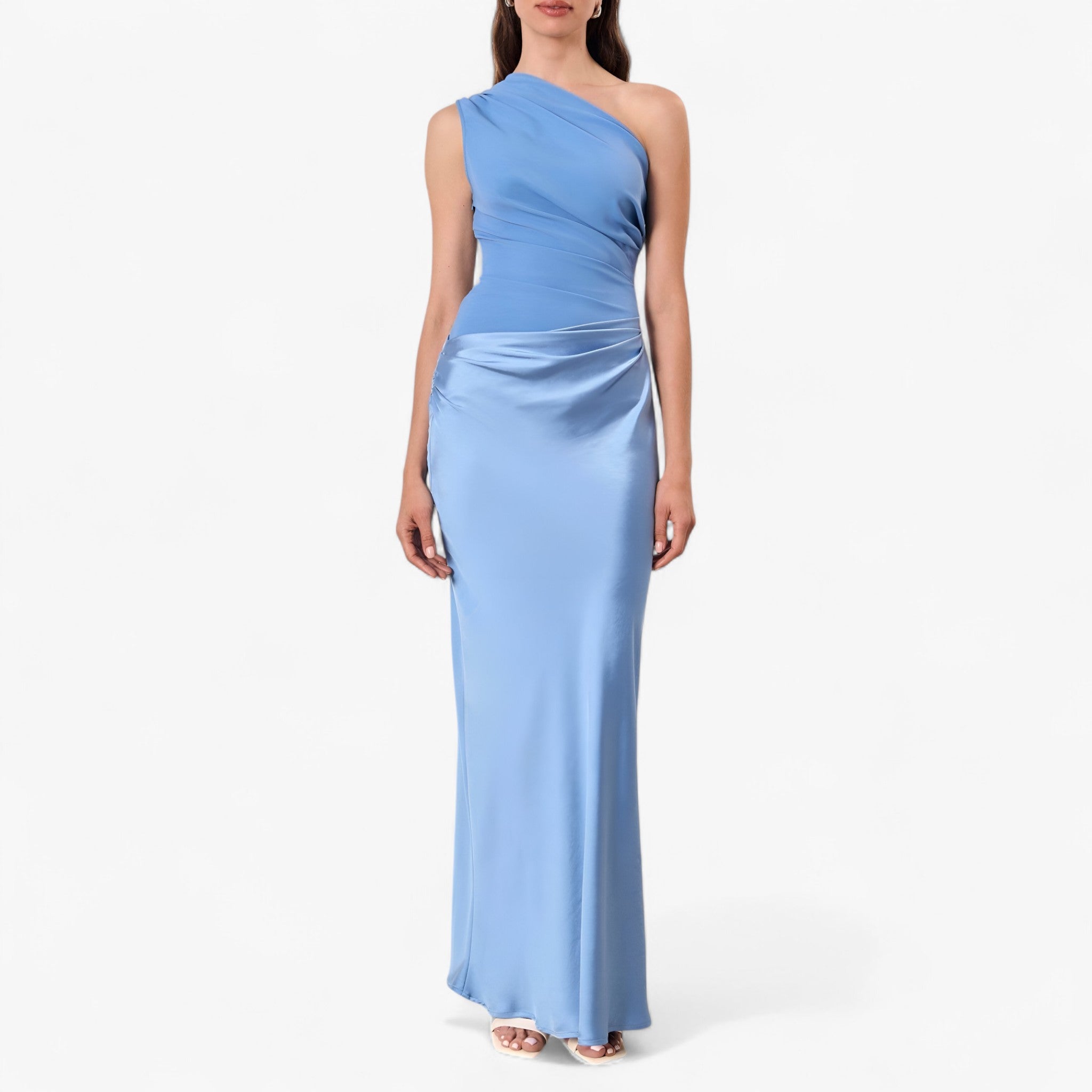 Women's asymmetric maxi dress featuring a flowing silhouette with delicate pleats, lightweight fabric, and an elegant drape. Designed for a flattering fit, this sophisticated dress is ideal for weddings, parties, formal events, and special occasions.