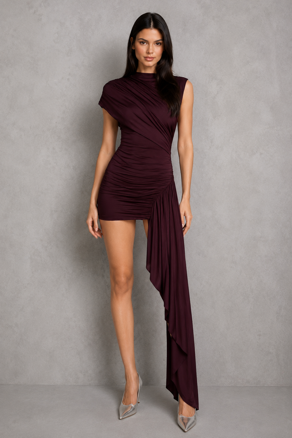 Women's asymmetric mini dress featuring a ruched one-shoulder neckline, sheer mesh bodice and skirt panels, fitted silhouette, dramatic draped panel detail, and a flared mini skirt in stretch slinky jersey for evening and formal occasions.