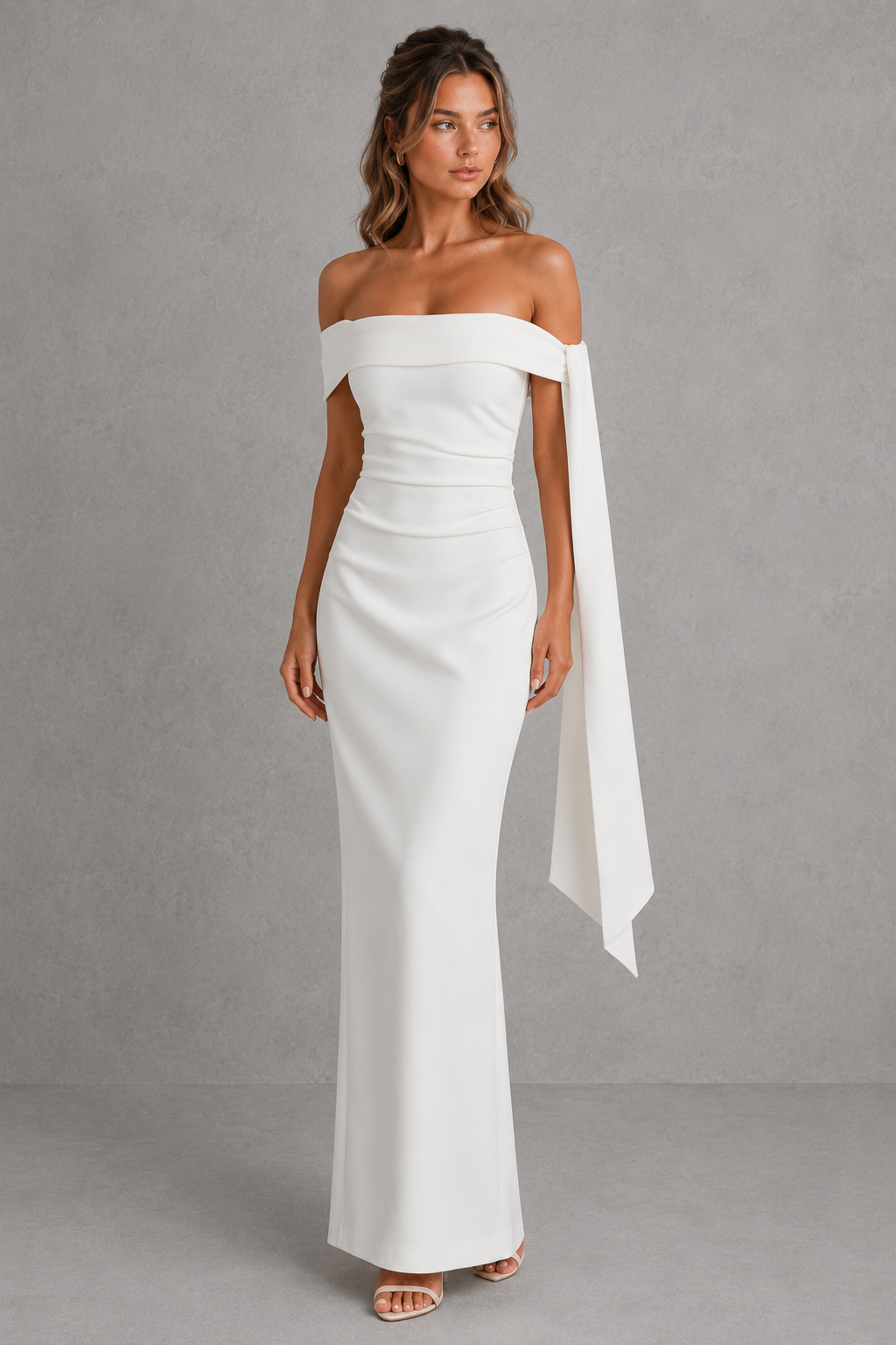 Elevate your evening style with this women’s bardot maxi dress featuring an asymmetric pleated neckline, draped knot tie detail, fitted silhouette, and elegant column skirt in premium crepe.