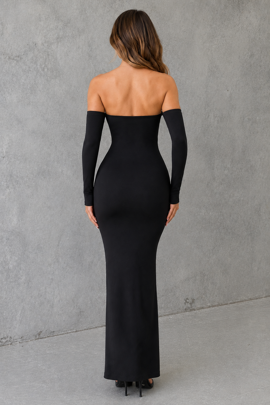 Women’s off-the-shoulder Bardot maxi dress with long sleeves and a fitted, figure-hugging silhouette for evening and special occasions.
