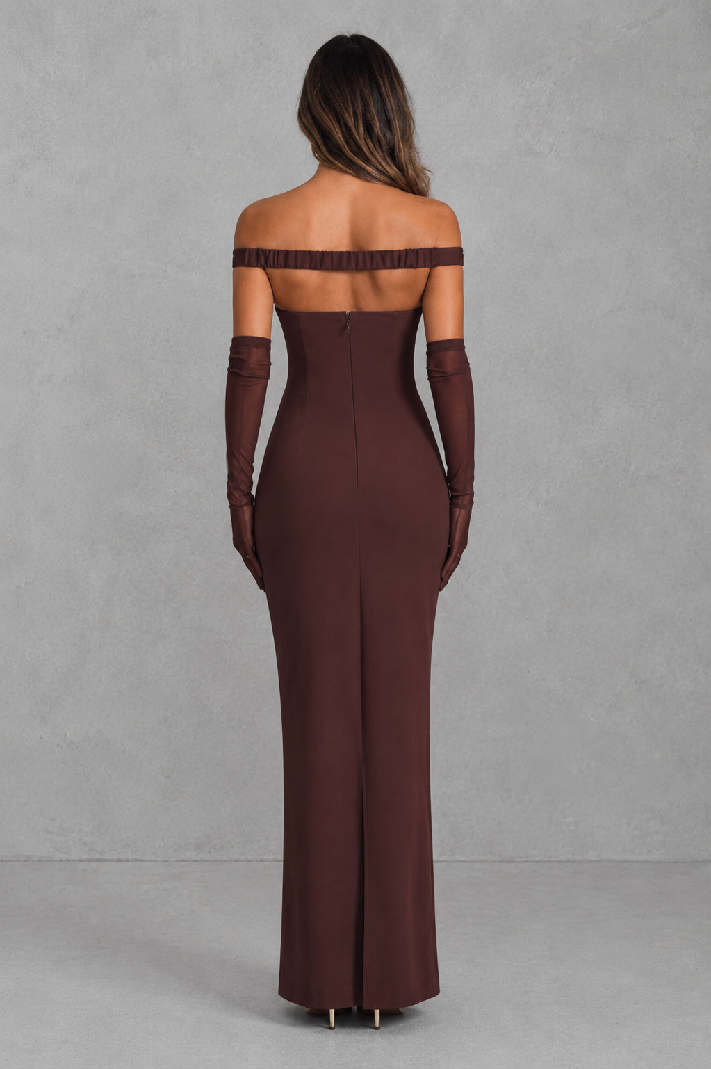 Women's bardot maxi dress in premium non-stretch crepe with a plunge off-the-shoulder neckline, pleated tulle bust detail, asymmetric pleated waist, fitted column silhouette, and centre back split for elegant evening and formal occasions.