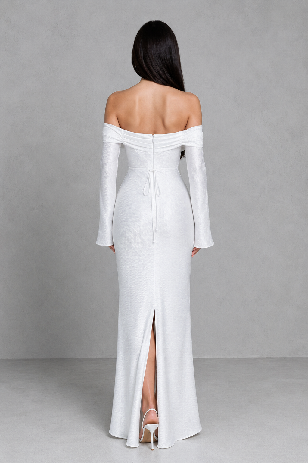 Women's bardot satin maxi dress with twisted off-shoulder neckline, attached waist tie, long flared sleeves, and flowing bias-cut silhouette for elegant evening and formal occasions.