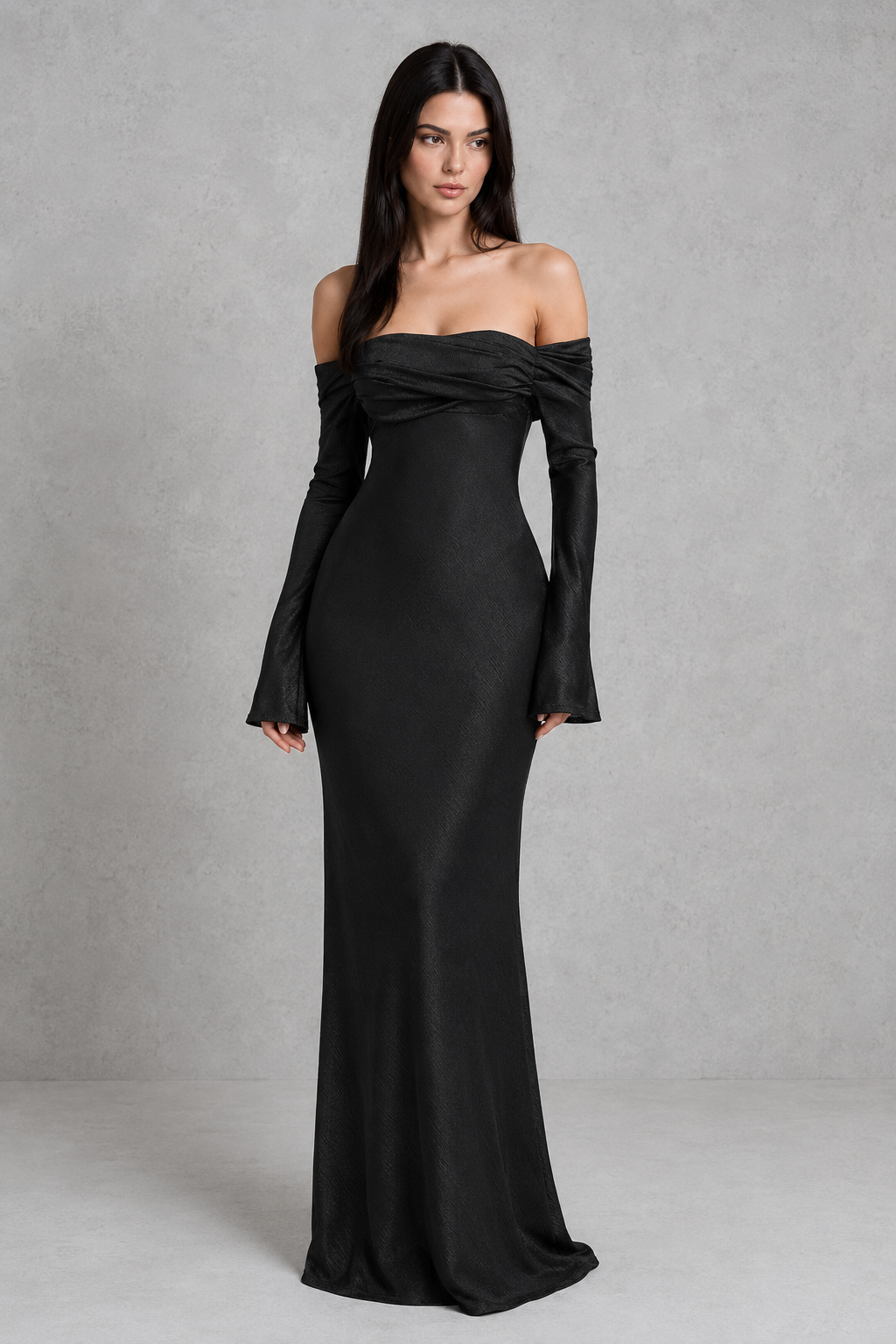 Women's bardot satin maxi dress with twisted off-shoulder neckline, attached waist tie, long flared sleeves, and flowing bias-cut silhouette for elegant evening and formal occasions.