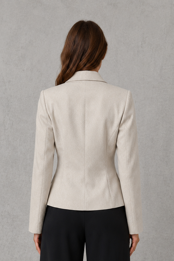Women’s beige single-button blazer with classic notched lapels, long sleeves, subtle waist shaping, and a structured tailored silhouette.